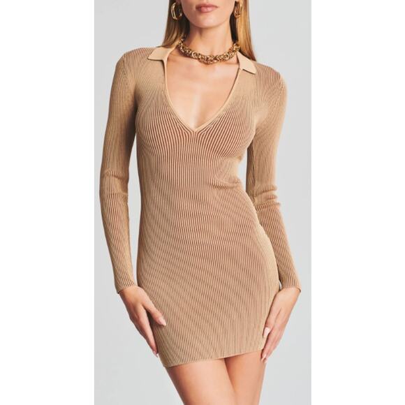 SER.O.YA Camel Beige Ribbed Knit V-Neck Long Sleeve Stretch Mini Dress Seroya XL - Picture 9 of 10